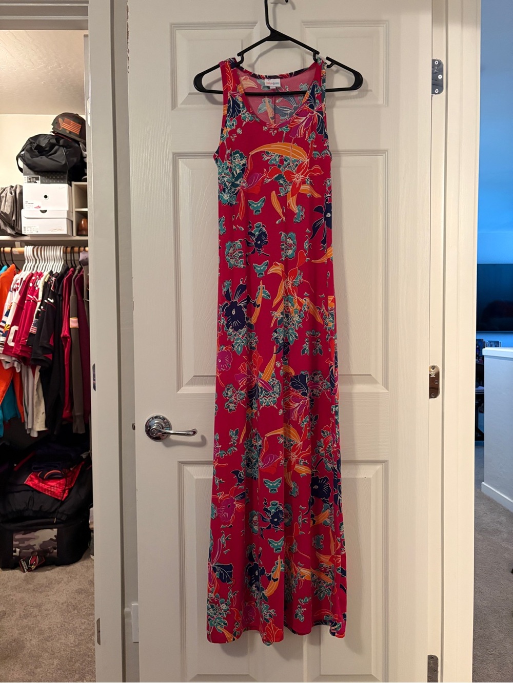 LuLaRoe Magenta Floral Maxi Dress with Blue and Yellow Accents